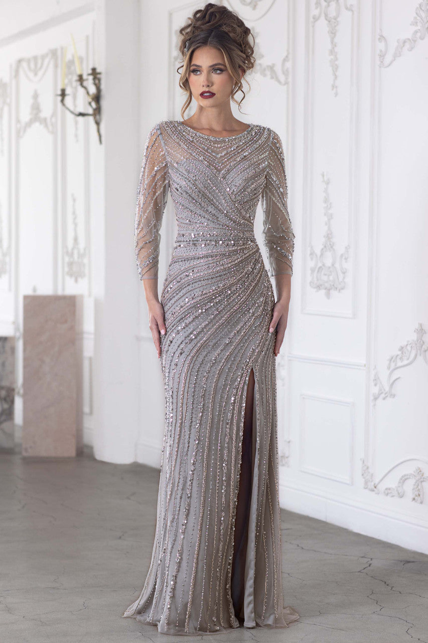 Lenovia Beaded Gold Formal Dress