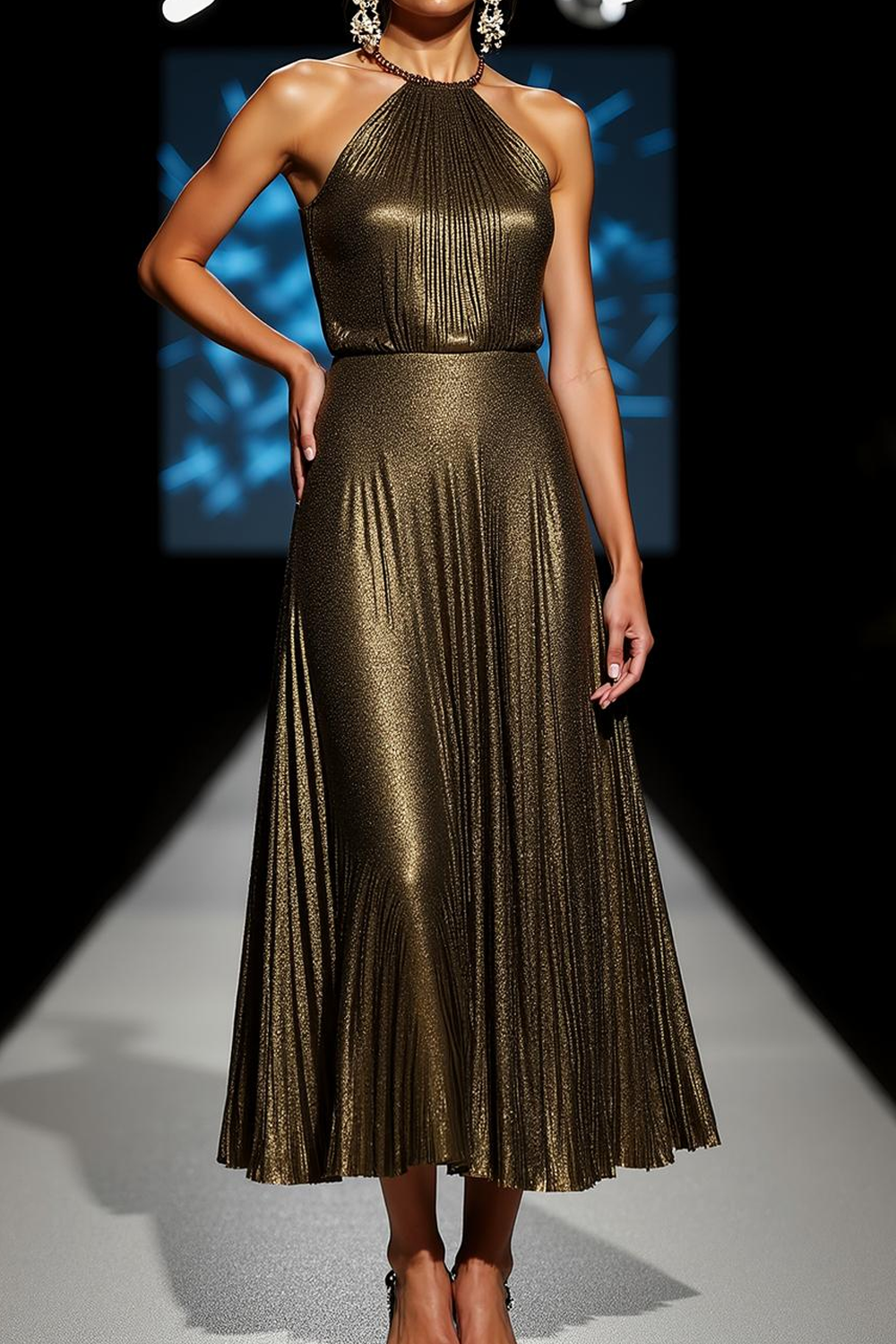 Olive Metallic Halter Maxi Dress