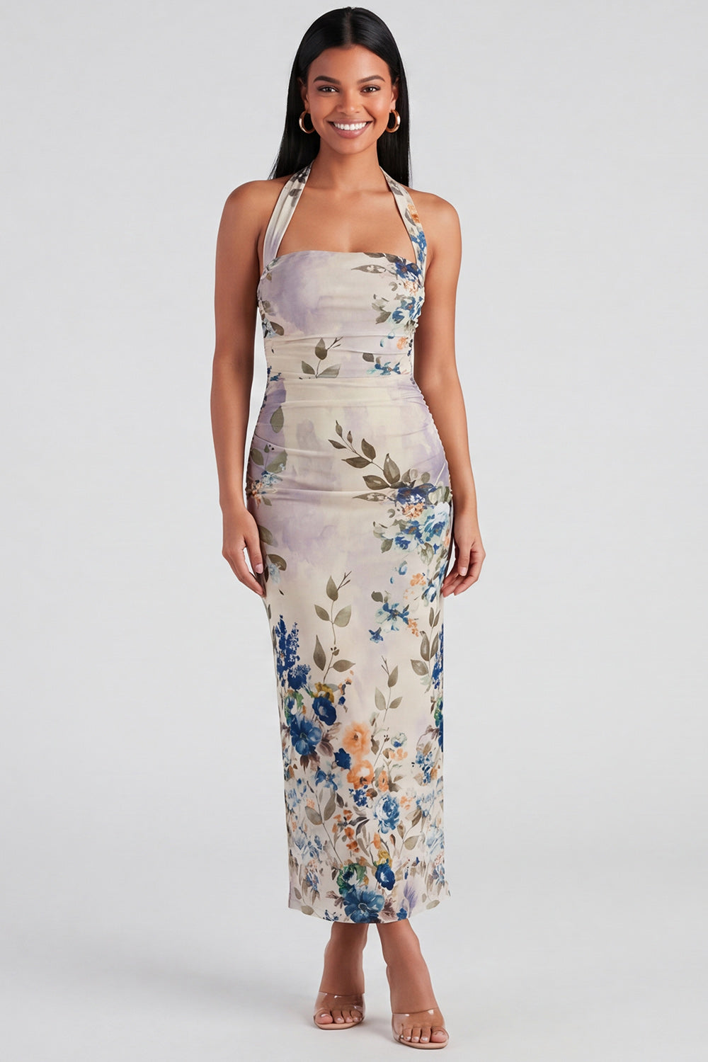 Celeste Halter Ruched Maxi Dress in Champagne Floral