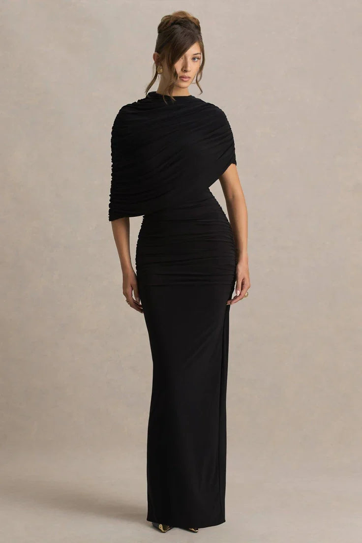 Vivienne Black Maxi Dress with Cape Sleeve