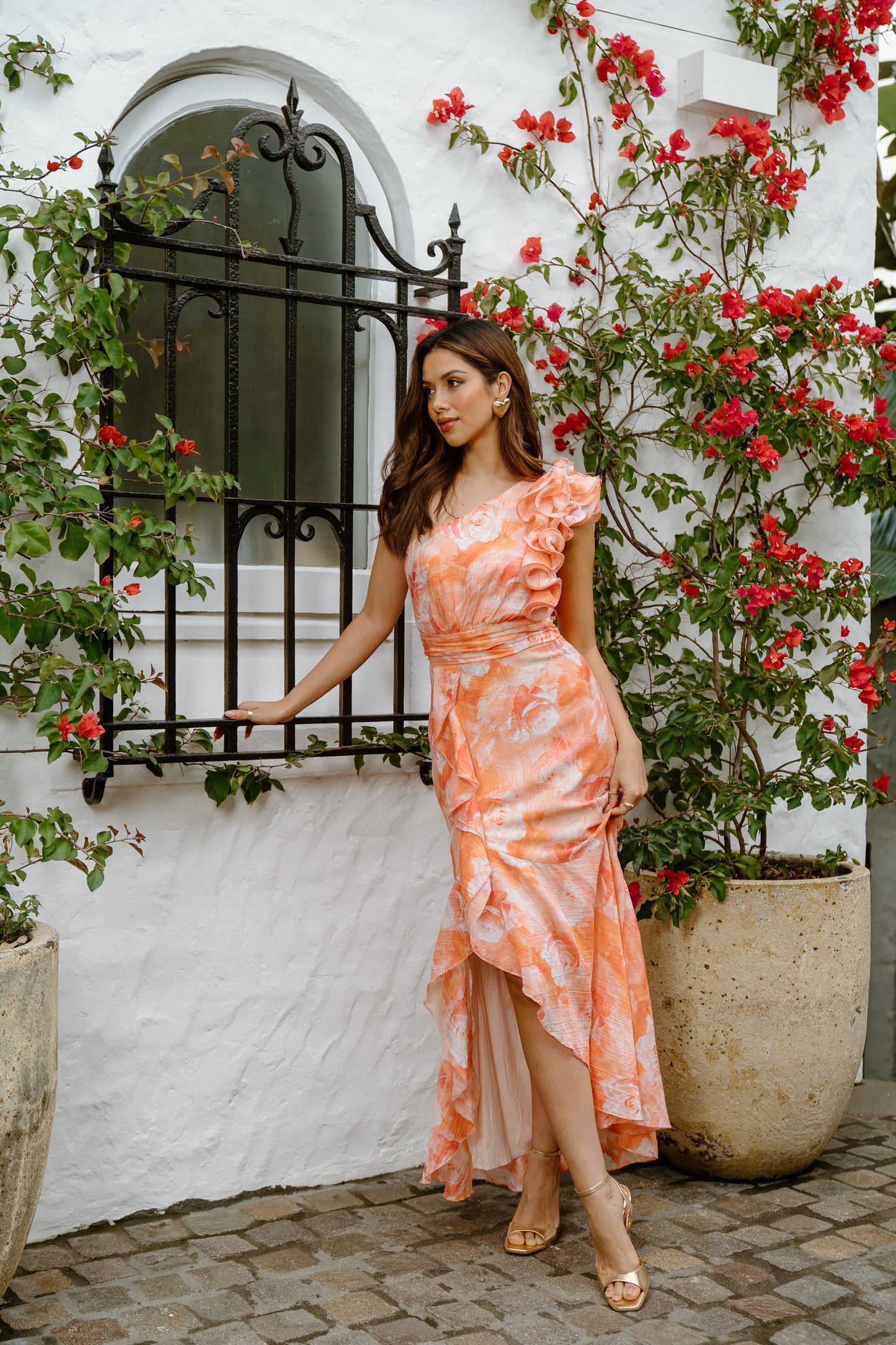 Dominique Pink One-Shoulder Ruffle Maxi Dress