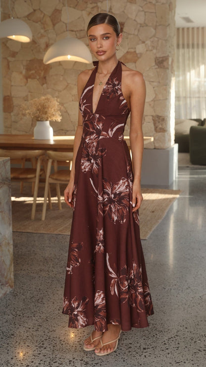 Skye Floral Maxi Dress in Chocolate