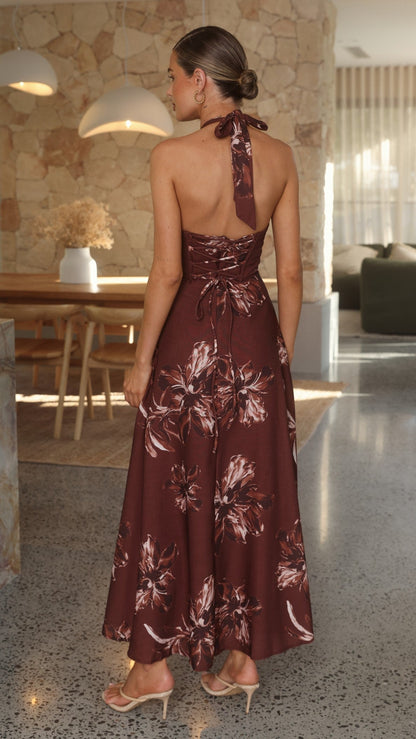 Skye Floral Maxi Dress in Chocolate