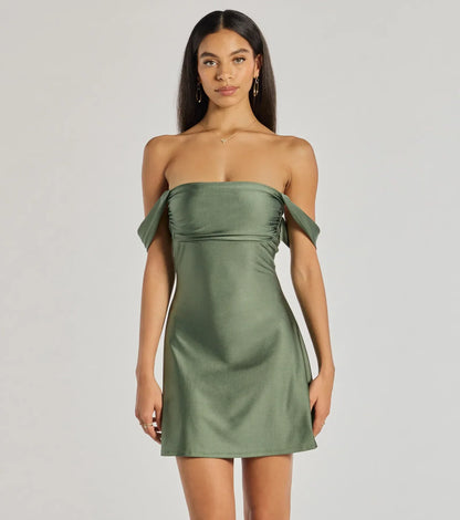 Arabella Off-Shoulder Satin Mini Dress