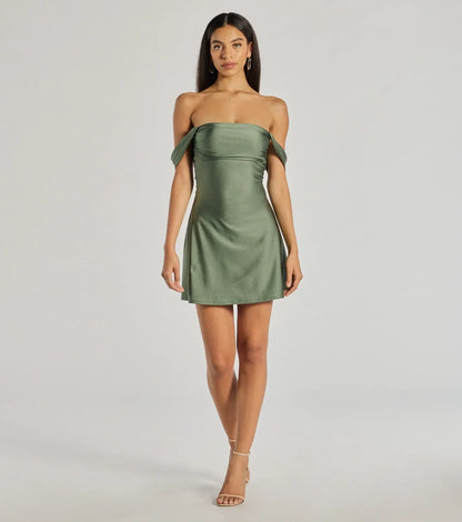 Arabella Off-Shoulder Satin Mini Dress
