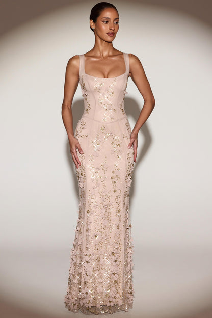 Celestine Appliqué Corset Gown in Blush