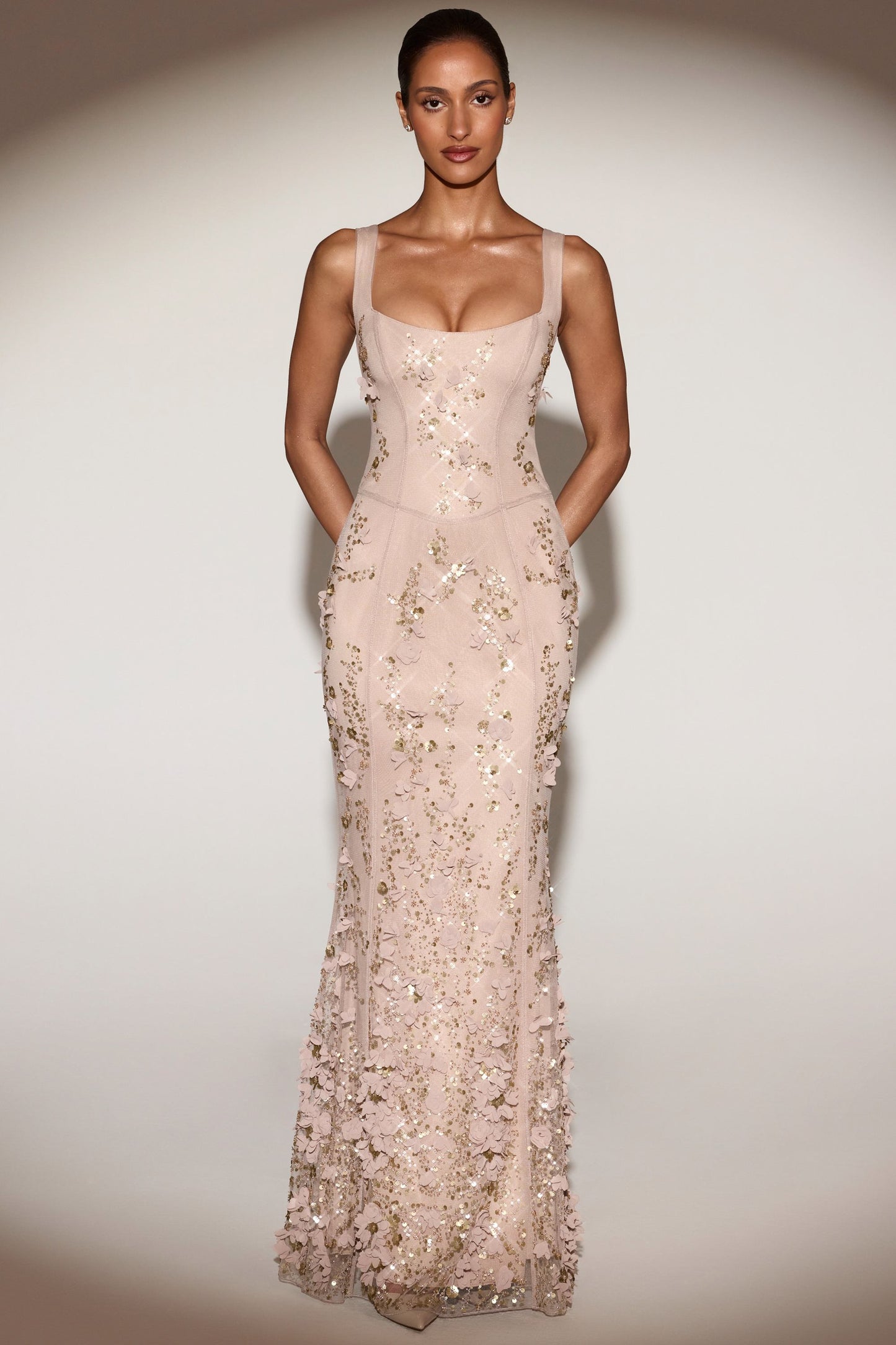 Celestine Appliqué Corset Gown in Blush
