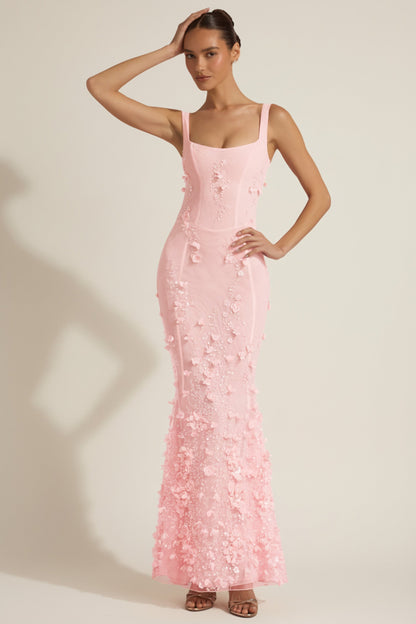 Celestine Appliqué Corset Gown in Blush