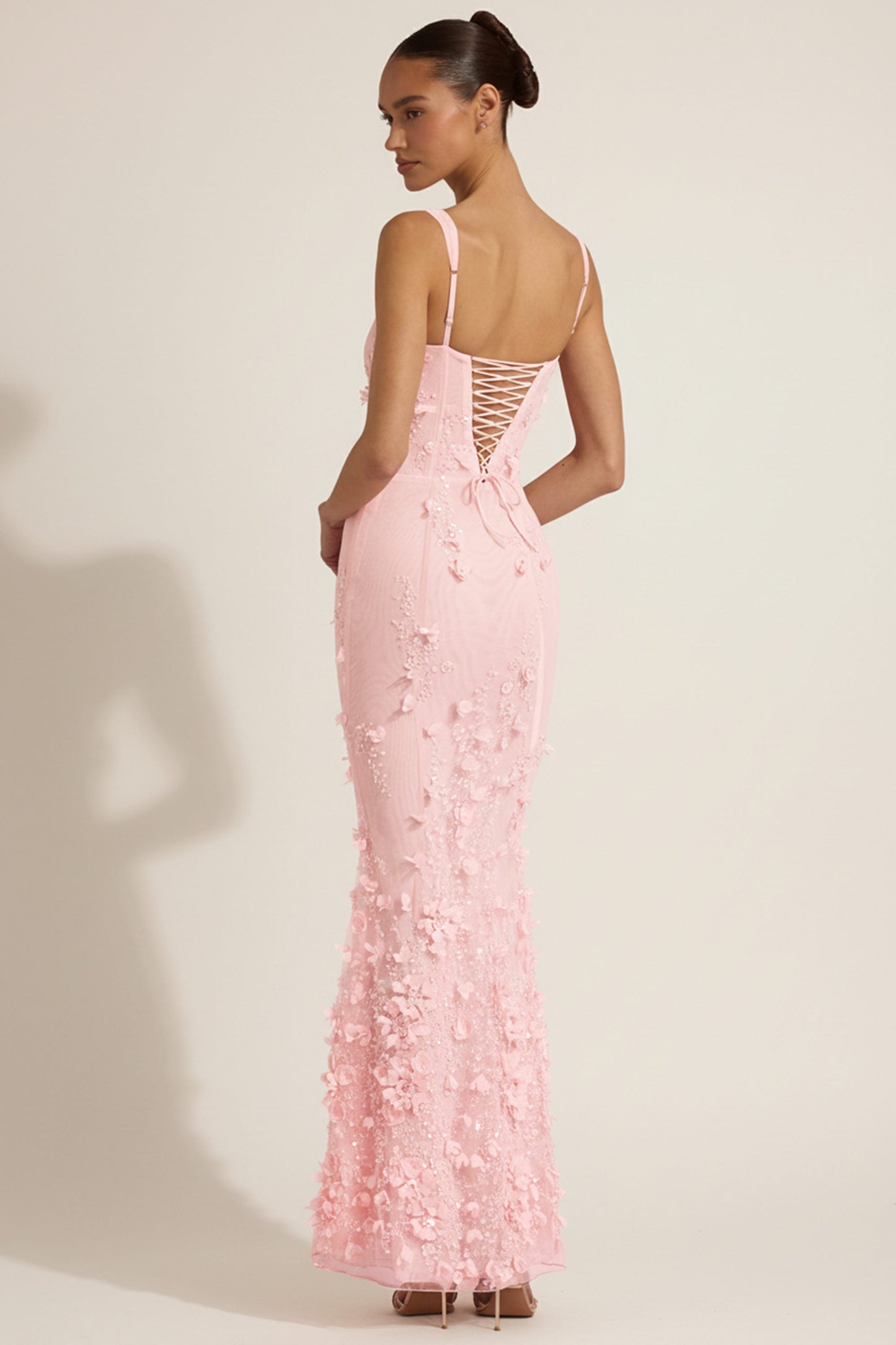 Celestine Appliqué Corset Gown in Blush