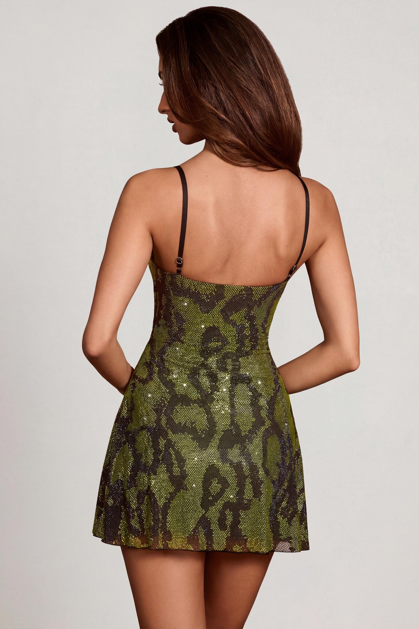 Margot Embellished Cowl Neck Mini Dress in Green Snake