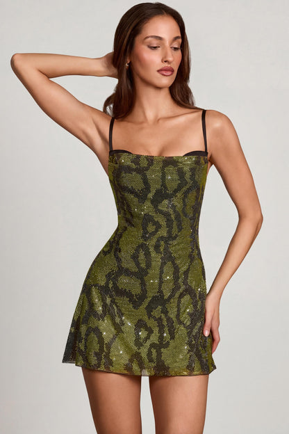 Margot Embellished Cowl Neck Mini Dress in Green Snake