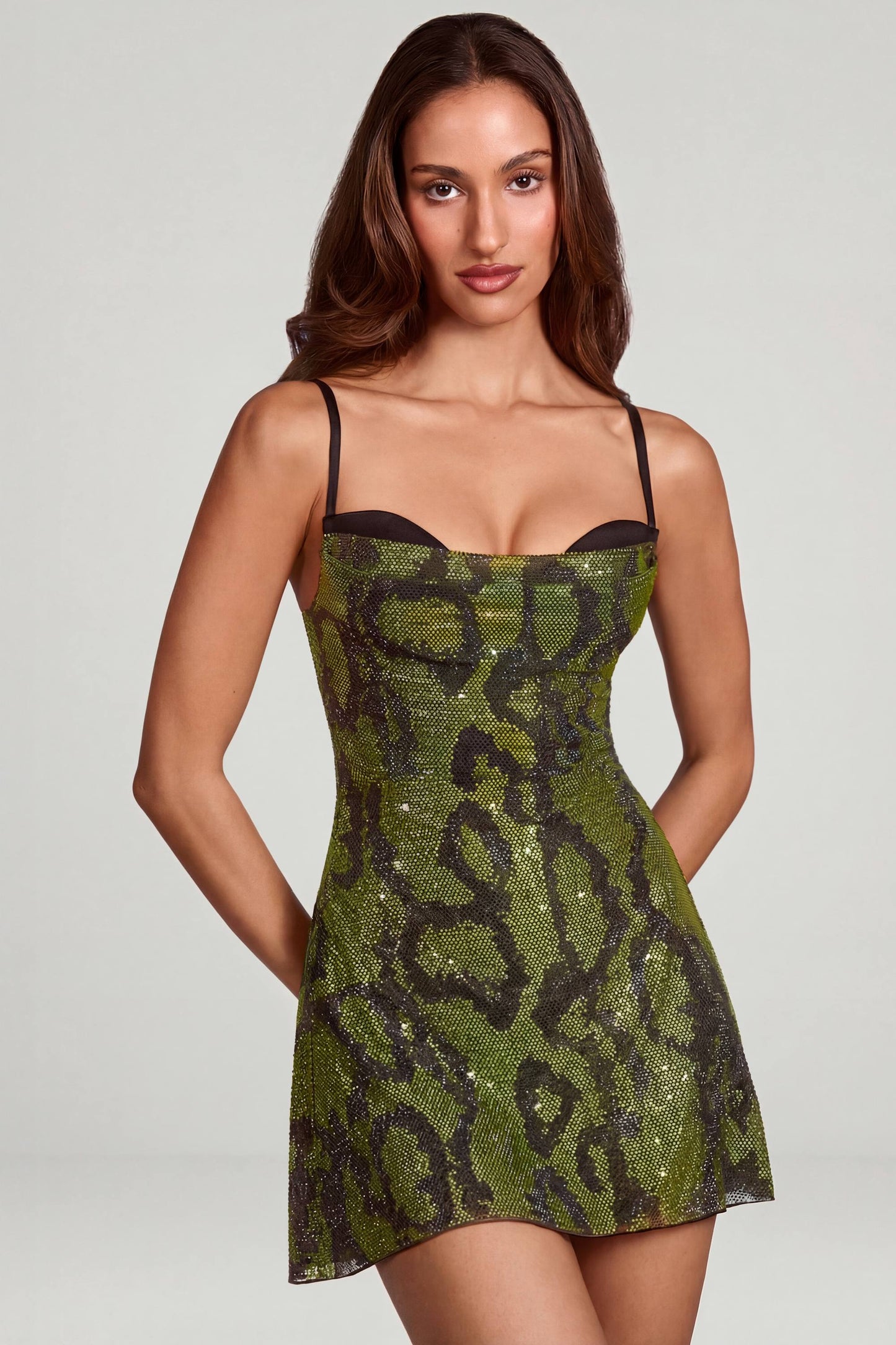 Margot Embellished Cowl Neck Mini Dress in Green Snake