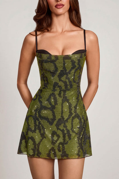 Margot Embellished Cowl Neck Mini Dress in Green Snake