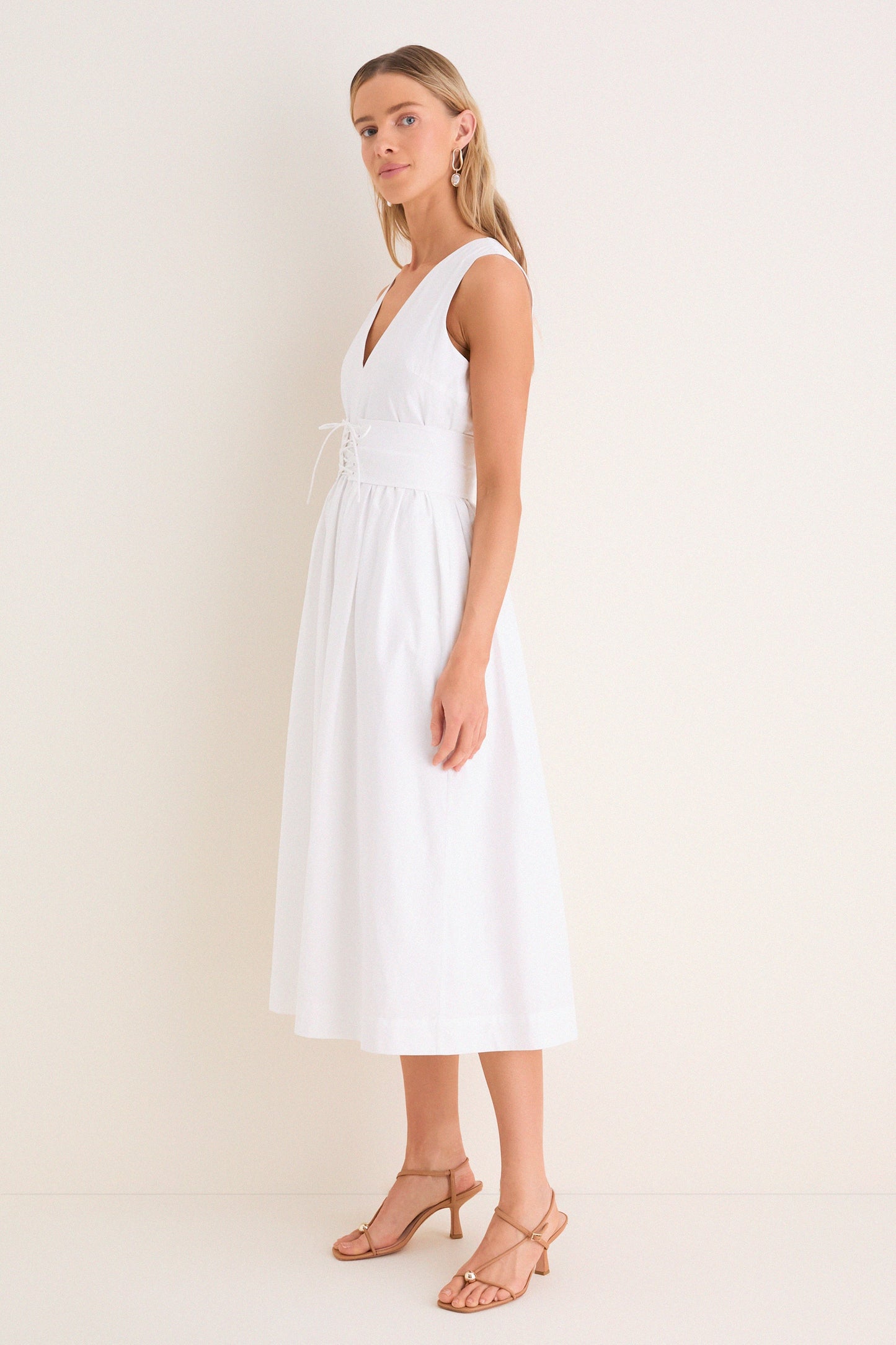 Marilyn Lace-Up Midi Dress in Ivory