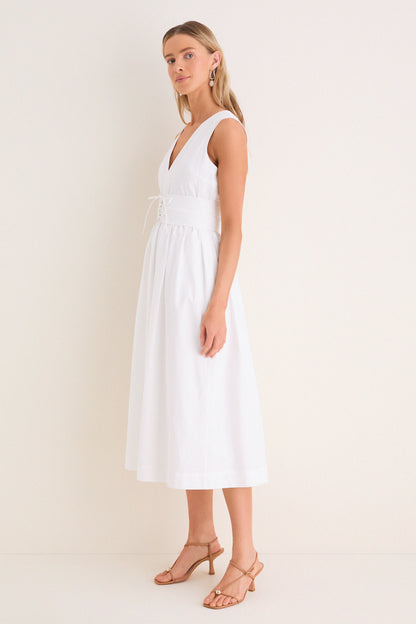 Marilyn Lace-Up Midi Dress in Ivory