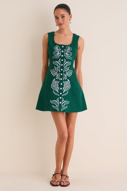 Lucy Embroidered Mini Dress in Sage & Periwinkle