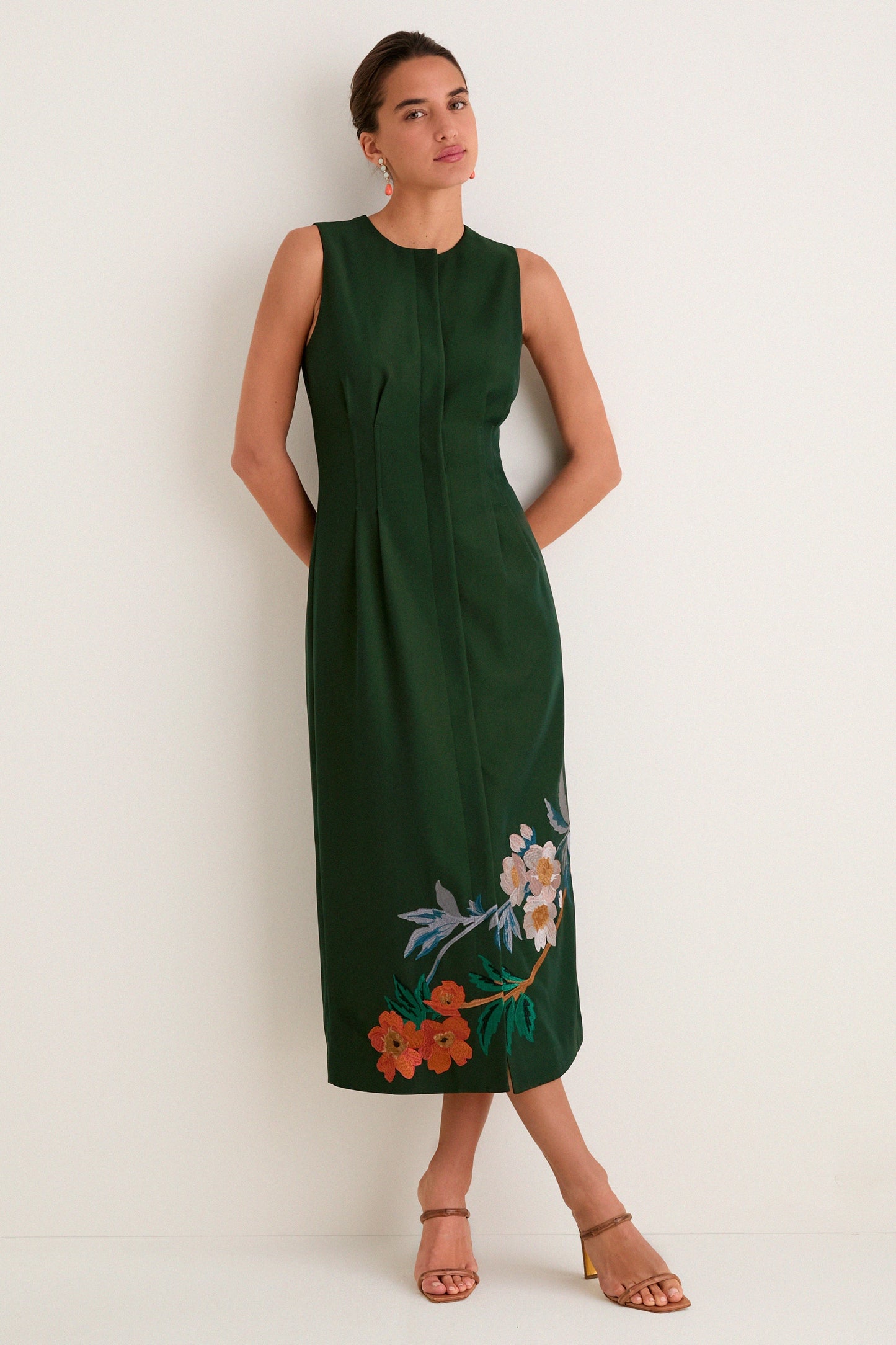 Nell Crepe Embroidered Dress in Verdant Green