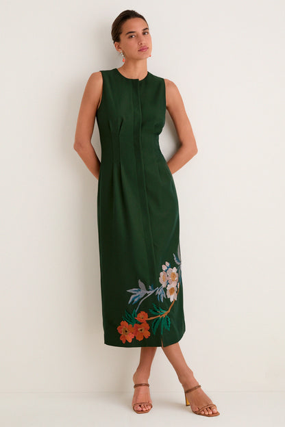 Nell Crepe Embroidered Dress in Verdant Green