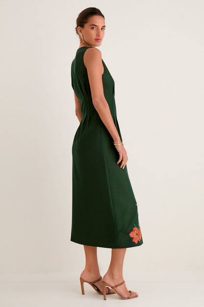 Nell Crepe Embroidered Dress in Verdant Green