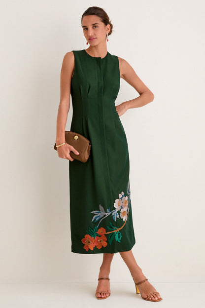 Nell Crepe Embroidered Dress in Verdant Green