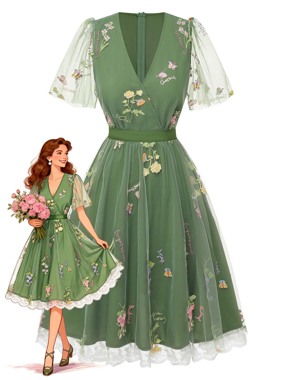 Violet Floral Mesh Puff Sleeve Dress