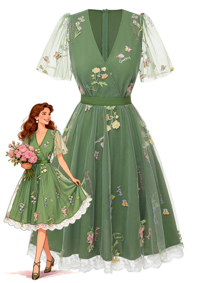 Violet Floral Mesh Puff Sleeve Dress