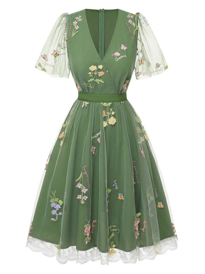 Violet Floral Mesh Puff Sleeve Dress