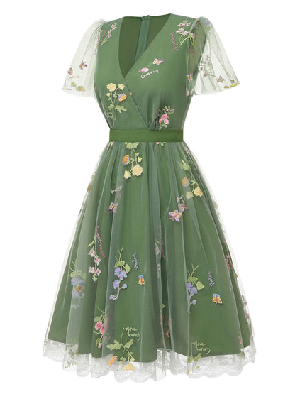Violet Floral Mesh Puff Sleeve Dress