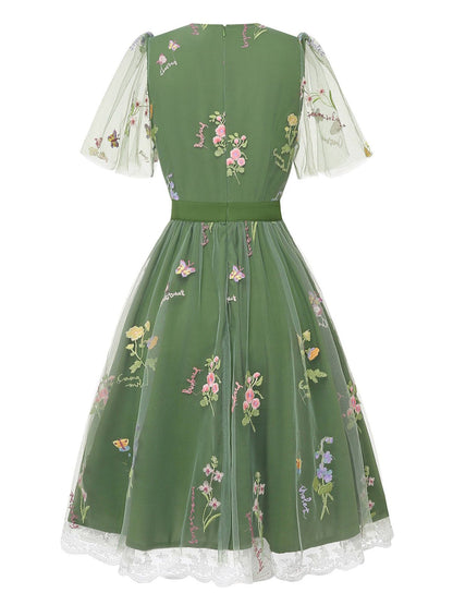Violet Floral Mesh Puff Sleeve Dress