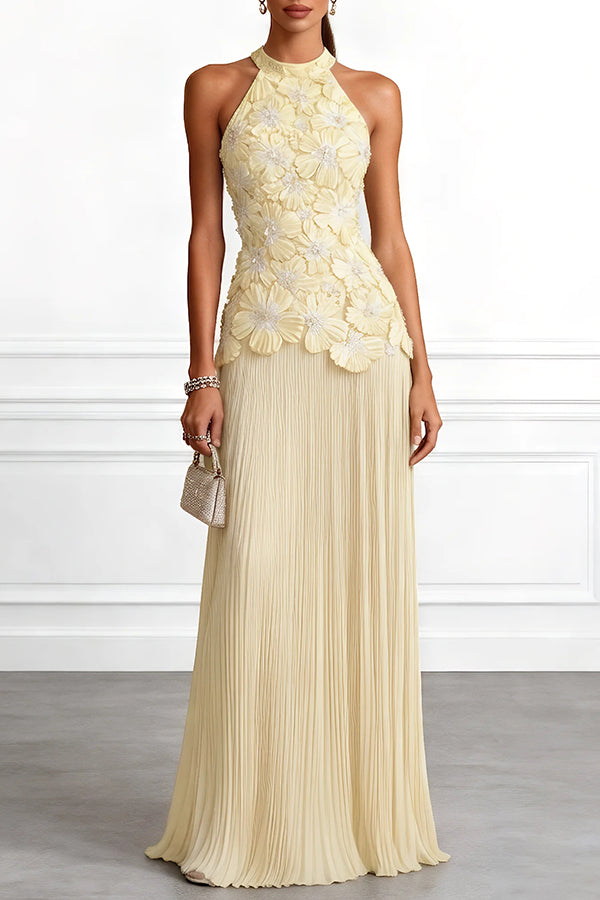 Emilie 3D Floral Embroidered Halter Maxi Dress