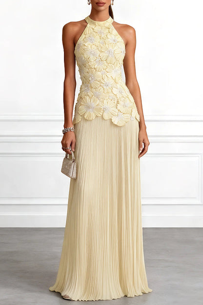 Emilie 3D Floral Embroidered Halter Maxi Dress