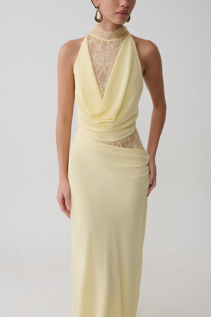 Arra Chiffon & Lace Halter Maxi Dress in Plum
