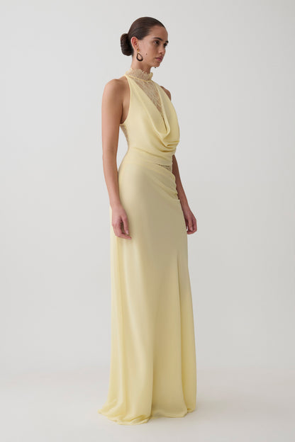 Arra Chiffon & Lace Halter Maxi Dress in Plum