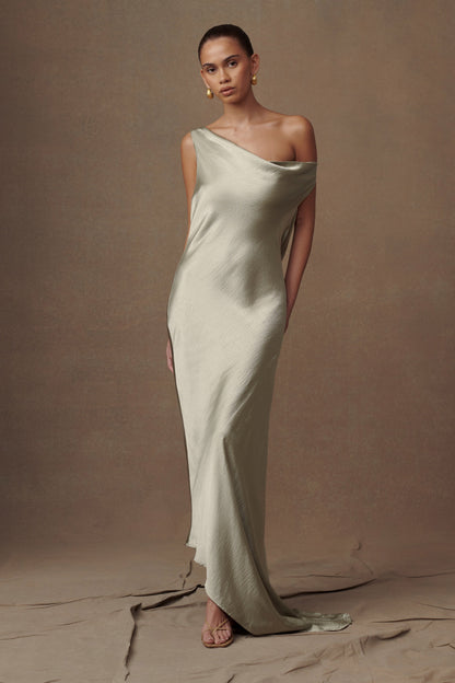 Yvette Asymmetrical Slip Maxi Dress in Emerald
