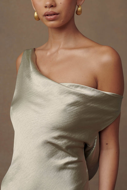 Yvette Asymmetrical Slip Maxi Dress in Emerald