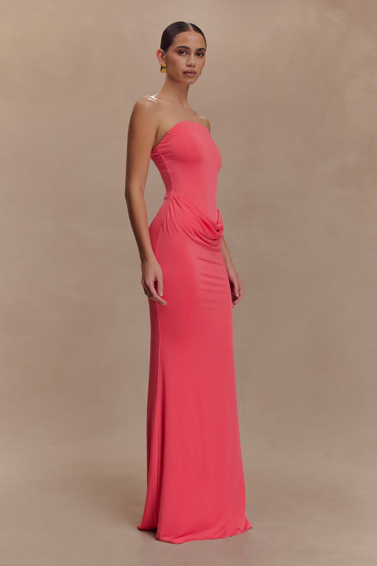 Madison Slinky Strapless Maxi Dress in Chocolate
