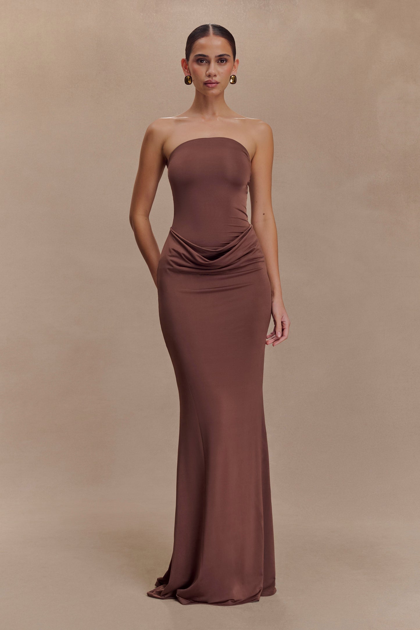 Madison Slinky Strapless Maxi Dress in Chocolate