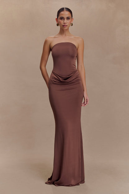 Madison Slinky Strapless Maxi Dress in Chocolate