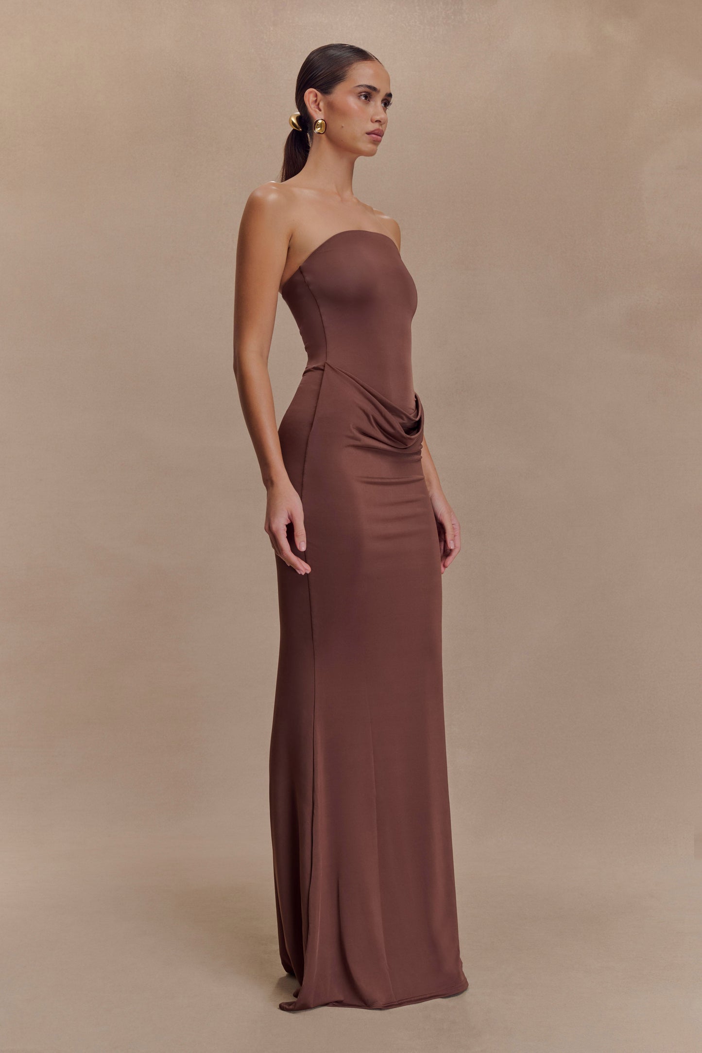 Madison Slinky Strapless Maxi Dress in Chocolate