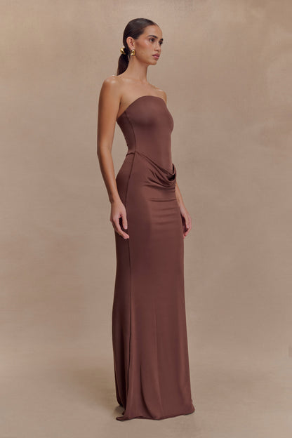 Madison Slinky Strapless Maxi Dress in Chocolate