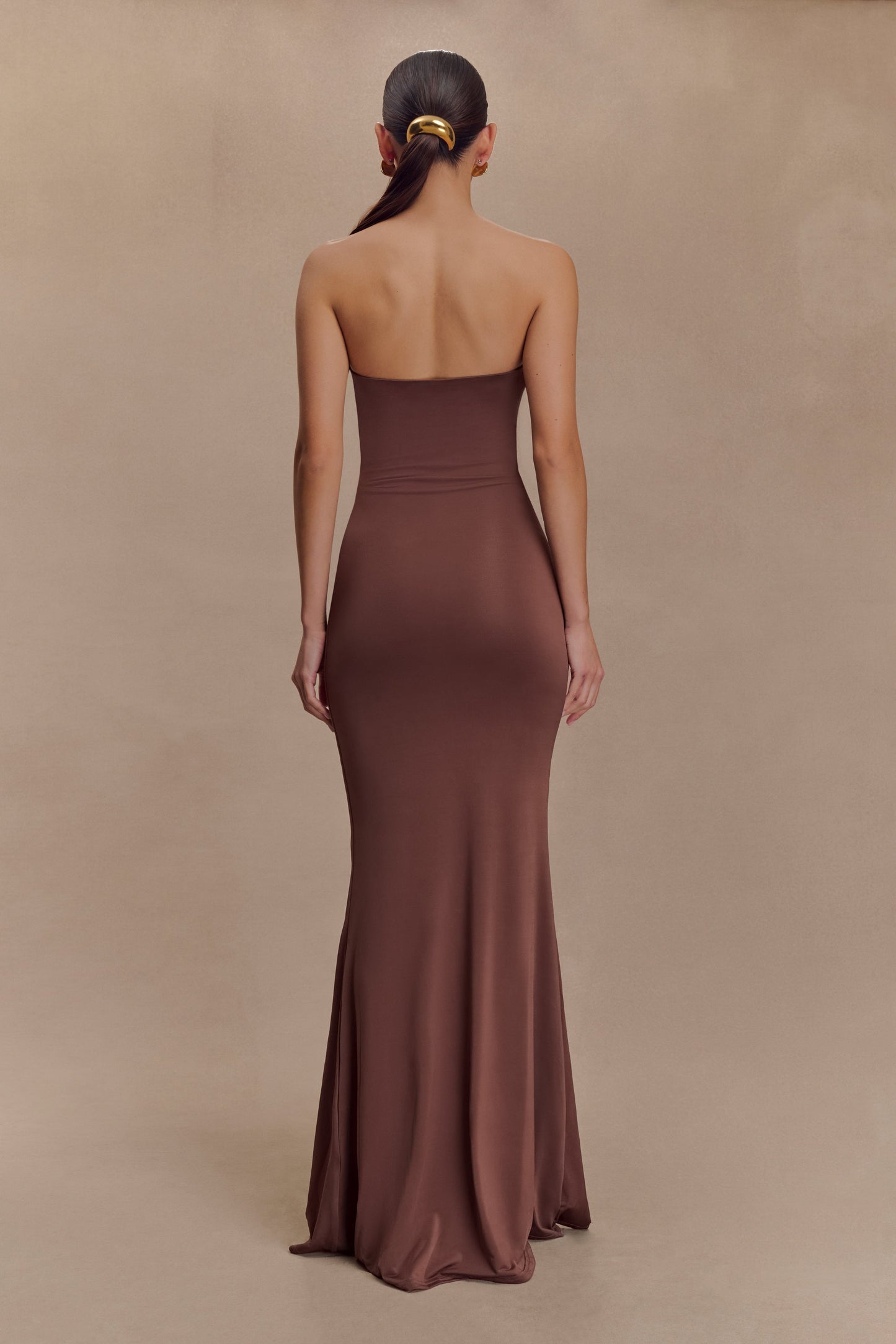 Madison Slinky Strapless Maxi Dress in Chocolate