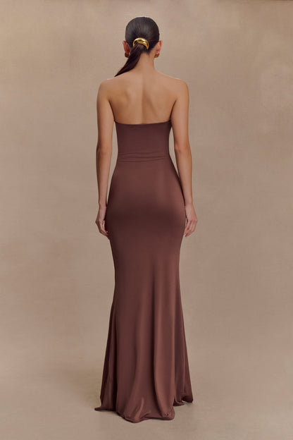 Madison Slinky Strapless Maxi Dress in Chocolate