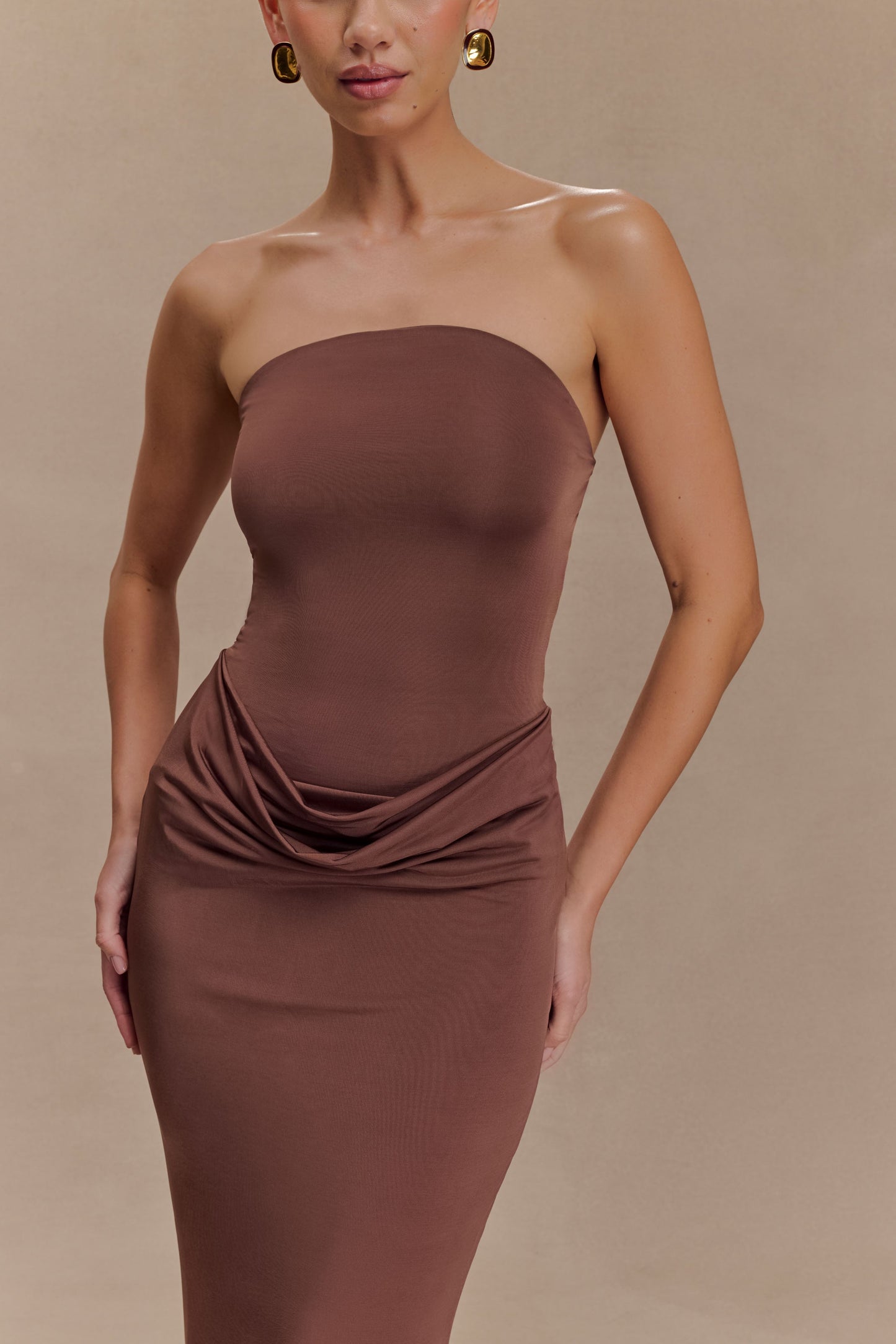 Madison Slinky Strapless Maxi Dress in Chocolate