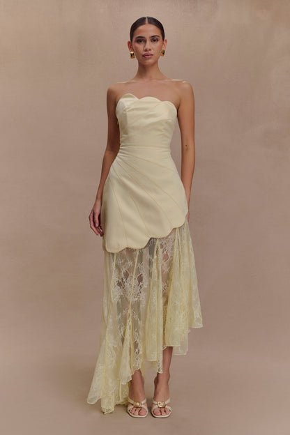 Aleena Satin & Lace Maxi Dress in Lemon
