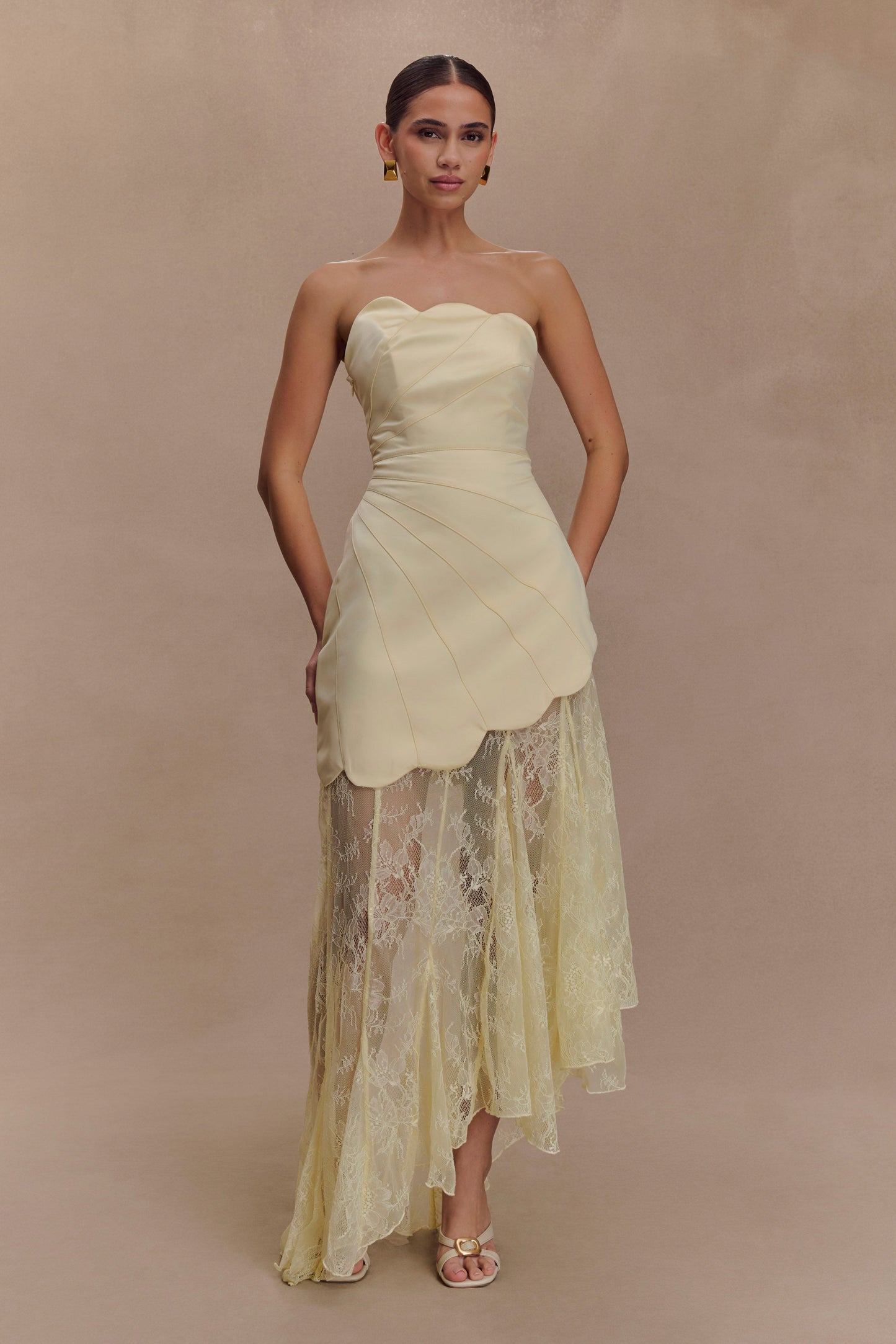 Aleena Satin & Lace Maxi Dress in Lemon