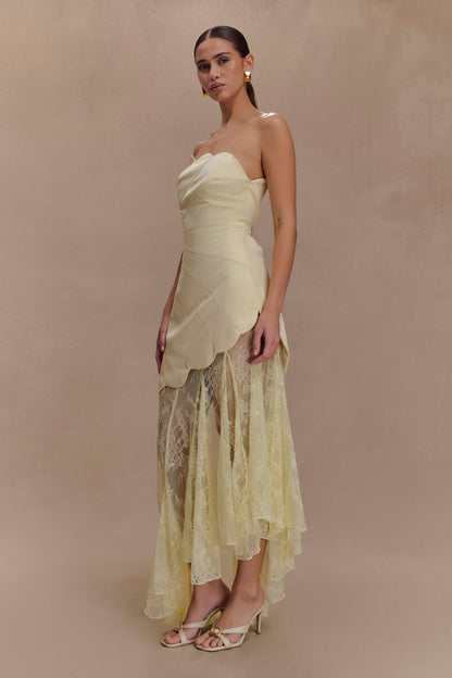 Aleena Satin & Lace Maxi Dress in Lemon