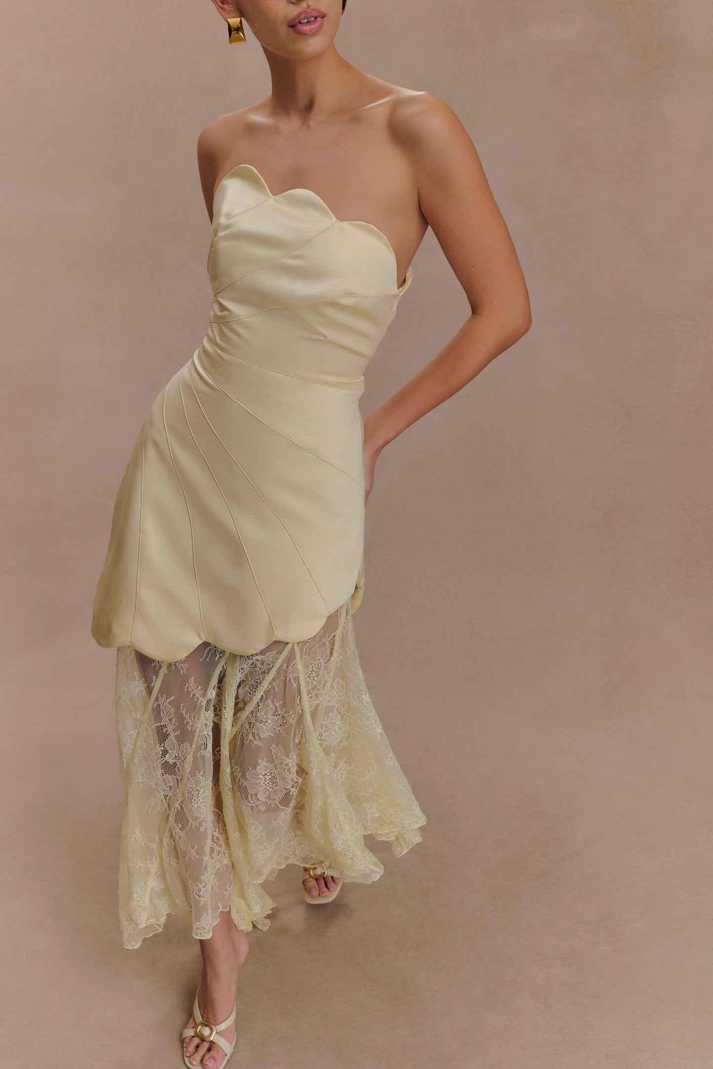 Aleena Satin & Lace Maxi Dress in Lemon