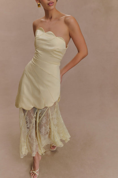 Aleena Satin & Lace Maxi Dress in Lemon