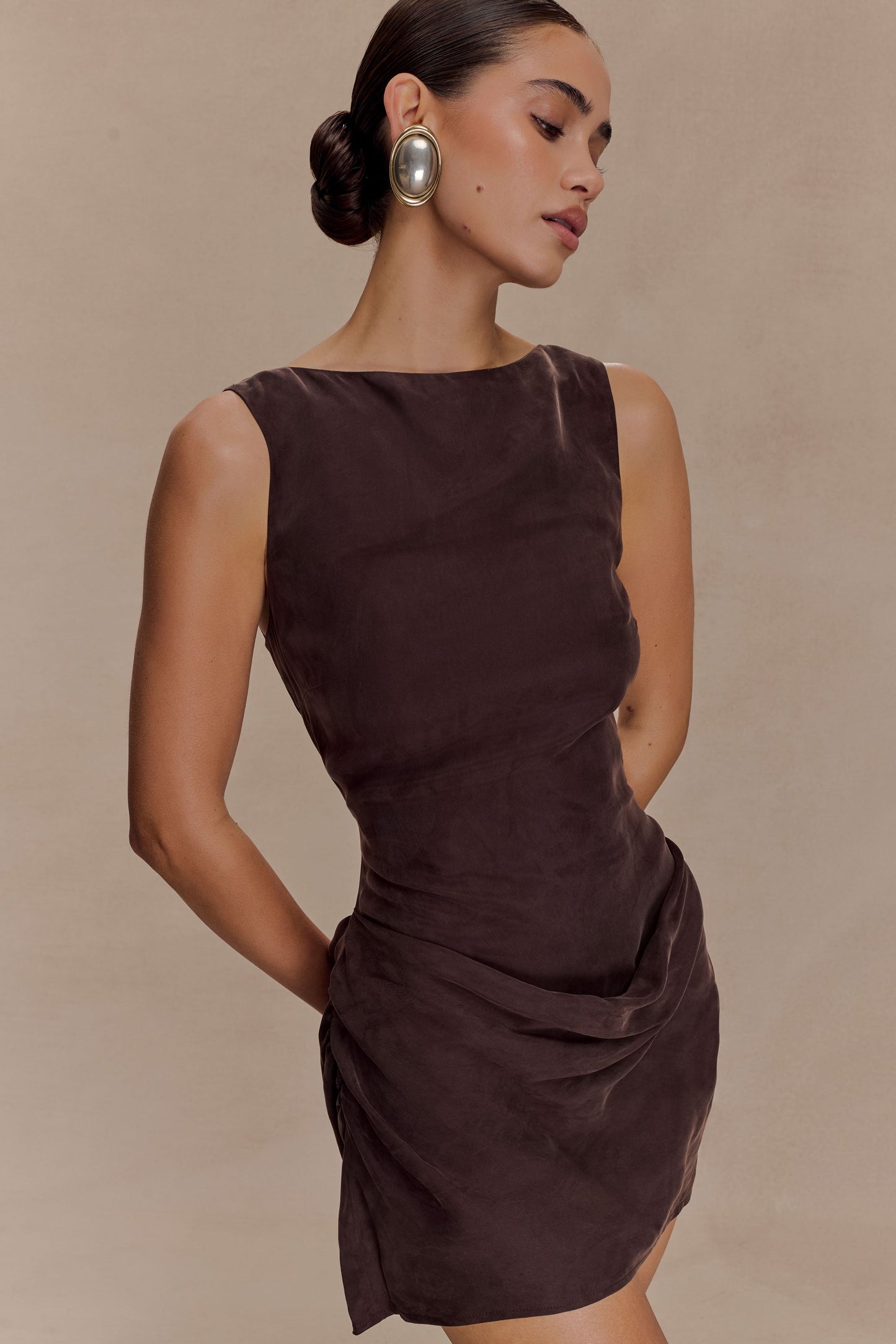 Bexley Draped Mini Dress in Dark Chocolate