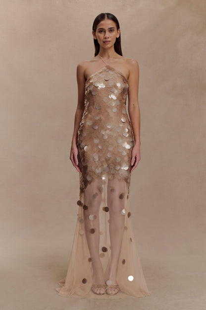 Jenny Hand-Embellished Gold Maxi Dress
